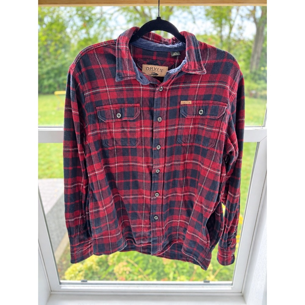 Orvis Flannel Shirt Mens Medium Red Navy Blue Plaid Cotton Button Up Pocket